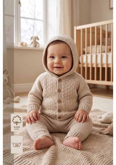Minory Baby Kapüşonlu Düğmeli 2 Li Triko Bebek Takımı Bej Bej