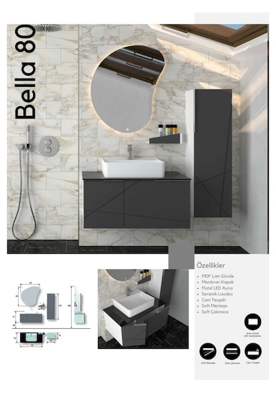 Evros Bella 80 Cm Banyo Dolabı Boy Dolabı Dahil Antrasit