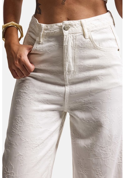 Kadın Beyaz Palazzo Fit T16t Özel Desenli Kumaş Tasarım Denim Jean