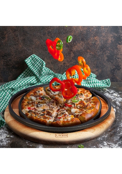 Lava Döküm Pizza / Krep / Pankek Tavası.yuvarlak ve Ahşap