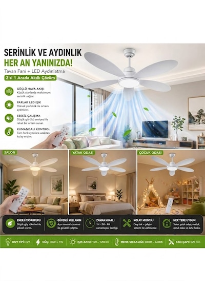 Led Ampullü Tavan Vantilatörü - Uzaktan Kumandalı 3 Renk Tonu Seçimli - Kademe Ve Zaman Ayarlı - E27 Duy Led Ampullü Tavan Vantilatörü - Uzaktan Kumandalı 3 Renk Tonu Seçimli - Kademe Ve Zaman Ayarlı - E27 Duy
