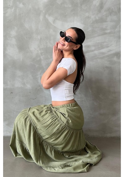 Seeh Yeşil Basic Uzun Pileli Etek Sh159