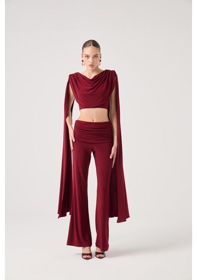 Holly Lolly Şal Detaylı Bluz Ve İspanyol Pantolonlu Finley Takım Bordo