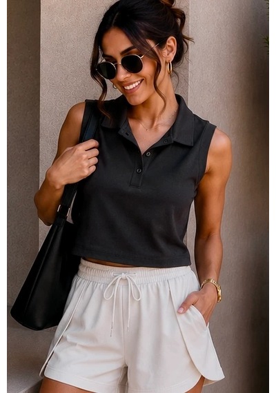 Bbbutikbasic Polo Yaka Kolsuz Crop Bluz My3535 siyah