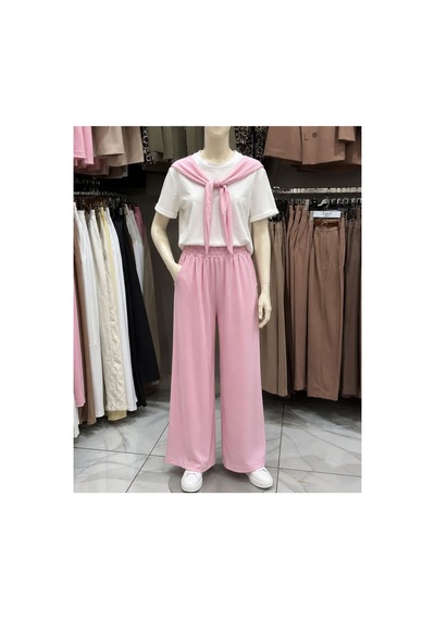 Alvor Omuzdan Bağlamalı Likralı Modal Kumaş Takım Pembe Beyaz