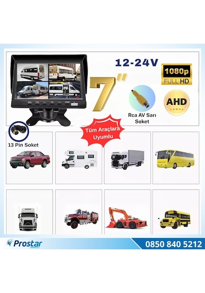Kayıtlı 7 İnç 4 Kanal 13 Pin Ips Ahd 1080p 720p Analog 256 Gb Sd Destekli Quad Araç Monitörü 12-24v