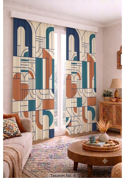 Modern Vintage Desenli Fon Perdesi 140x260 Cm 2 Kanat Dekoratif Dijital Baskılı Premium Salon Oturma Odası Yatak Odası Pencere Perdesi Ekru