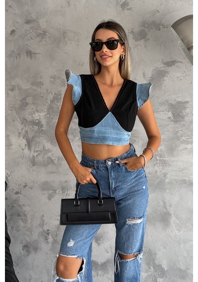 Femelle Kadın Siyah Sırtı Fermuarlı Crop Kot Bluz