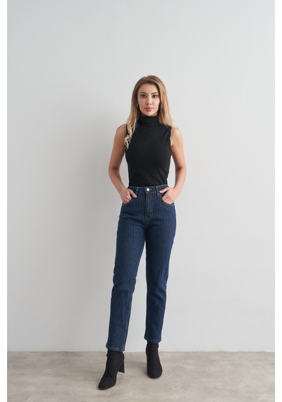 Rabia Çelik Kadın Lacivert Simli Çizgili Straight Fit Yüksek Bel Jean Pantolon Lacivert Lacivert Rabia Çelik Kadın Lacivert Simli Çizgili Straight Fit Yüksek Bel Jean Pantolon Lacivert Lacivert