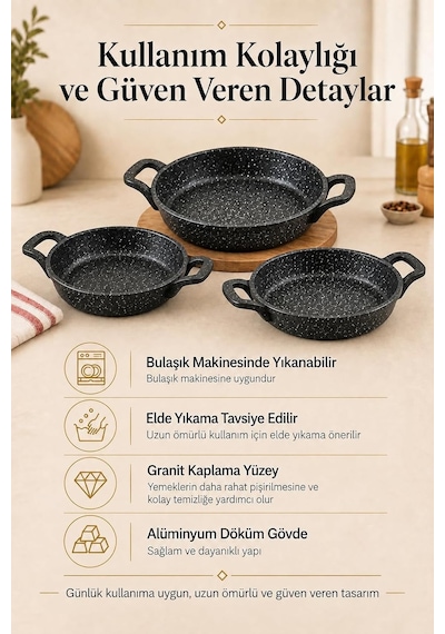 Tr 3'lü Granit Kaplama Döküm Sahan Seti 18, 20 Ve 22 Cm Çift Kulplu Sahan Takımı Diğer