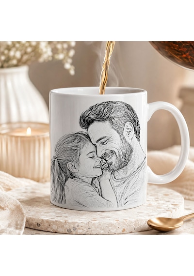 Bk Gift Kişiye Özel Karakalem Çizimli Fotoğraflı Beyaz Kupa Bardak