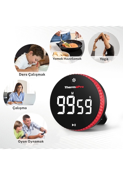 TM04 99 Saat Kapasiteli Çevirmeli Dijital Mutfak ve Ders Zamanlayıcısı, Geniş LED Ekranlı Mıknatıslı Kronometre