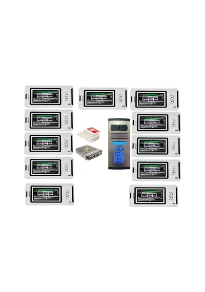 11 Daire Nts 2001-b 4,3'' Görüntülü Diafon Beyaz-8003 Tuş Takımlı Şifreli Zil Panelli Set
