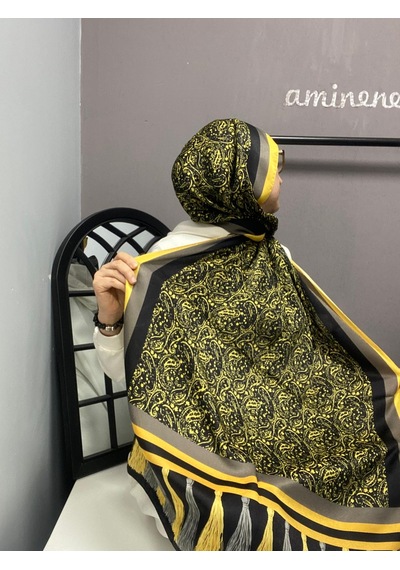 Aminenesil Cardion Premium Etnik Desen Şal Sarı Siyah Renk