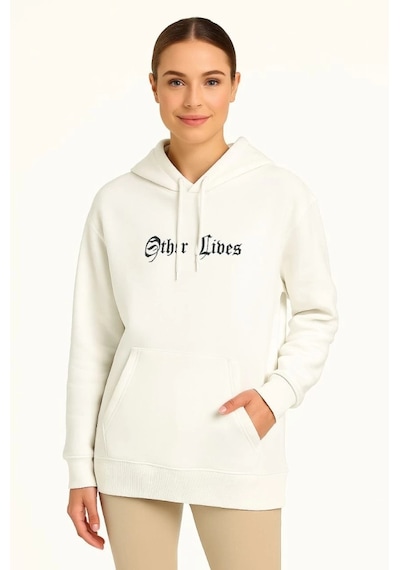 Valensdesign Kapşonlu Sweatshirt Oversize Üç İplik Şardonlu Hoodie, Other Lives Ön - Arka Baskılı, Kanguru Ce Beyaz
