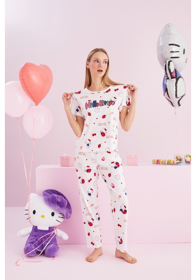 Siyah İnci Lisanslı %100 Pamuk Çok Renkli Bisklet Yaka Pijama Takım Hk009 Beyaz