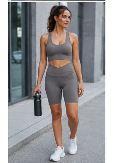 Cocosushicooo Kadın Spor Takım Toparlayıcı Yüksek Bel Biker Tayt & Destekli Spor Büstiyer Takım Vizon
