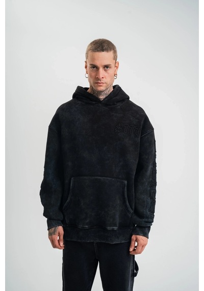Luz&pos Erkek Uzun Kol Kapşonlu Yıkamalı Nakışlı Sweatshirt - Siyah Siyah