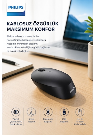 Philips SPK7407B/00 Kablosuz Bluetooth Mouse 2.4GHz Çoklu Cihaz Desteği 1600 DPI Sessiz Siyah