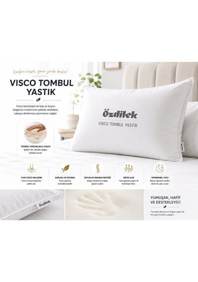 Özdilek Visco Tombul Yastık +  Sıvı Geçirmez Yastık Koruyucu Ortopedik & Medikal Boyun Destekli Visco Yastık Premium Uyku Konforu Beyaz