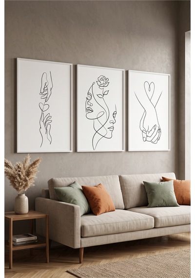 Beyaz Ahşap Çerçeveli Minimalist Çizgi Sanatı 3 Lü Set Soyut Figür Duvar Tablosu Beyaz