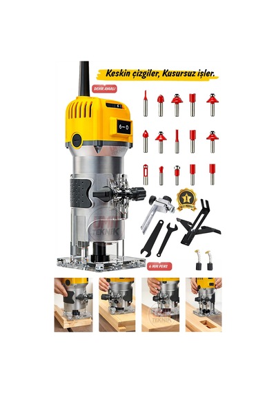 Premium Seri Ahşap Freze Makinesi, 6 Kademe Devir Ayarlı, 6 Mm Pens, 12 Uç Dahil Pro Set