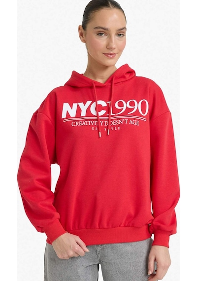 Defacto Relax Fıt Kapüşonlu Baskılı Kalın Sweatshirt Kumaşı Sweatshirt G7129ax25wnrd256 Kırmızı-rd256
