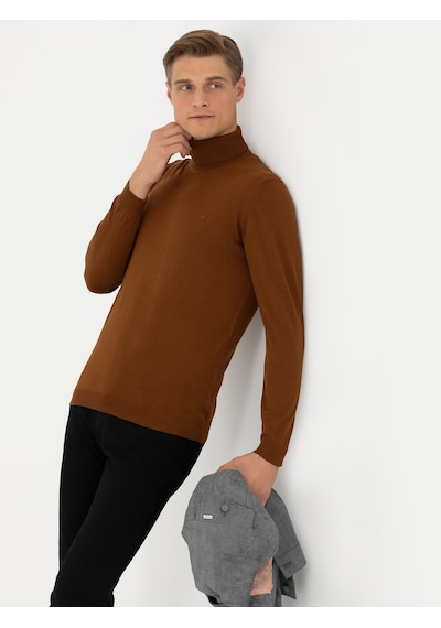 Cacharel Kahverengi Slim Fit Balıkçı Yaka Basic Triko Kazak