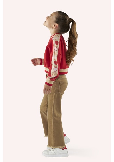 Panço Kız Çocuk Kolları Parça Detaylı Kırmızı Sweatshirt Çok Renkli