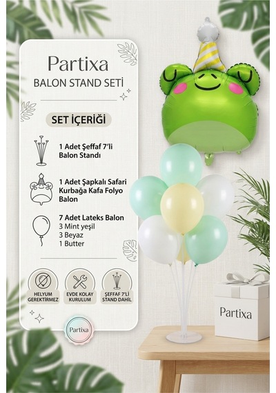 Şapkalı Safari Kurbağa Kafa Balon Stand Seti Şeffaf 7 Li Stand + Kurbağa Folyo Balon + 7 Lateks Balon