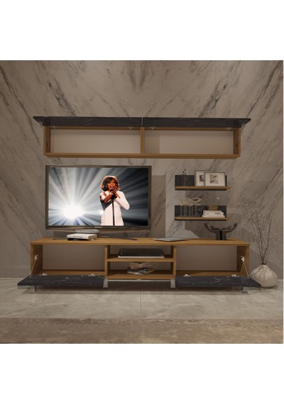 Decoraktiv Eko 5 Mdf Dvd Krom Ayaklı Tv Ünitesi Tv Sehpası Pera - Siyah Mermer