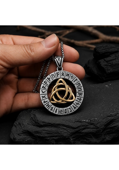 Paslanmaz Çelik Rün Sembolleri İskandinav Triquetra Mitolojik Viking Kolye Altın - Gümüş