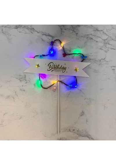 Lüks Pasta Üstü Çubuklu Happy Bırthday Yıldız Desenli Cipsolu Işıklı 21 Cm