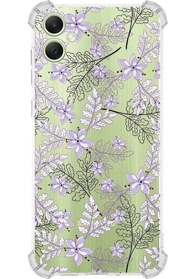 Samsung A05 Uyumlu Köşe Korumalı Floral Lila Tasarımlı Şeffaf Silikon Kılıf