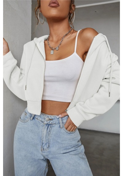 Cool Tarz Kadın Kapüşonlu Şardonlu Beyaz Renk Crop Sweatshirt Beyaz Beyaz