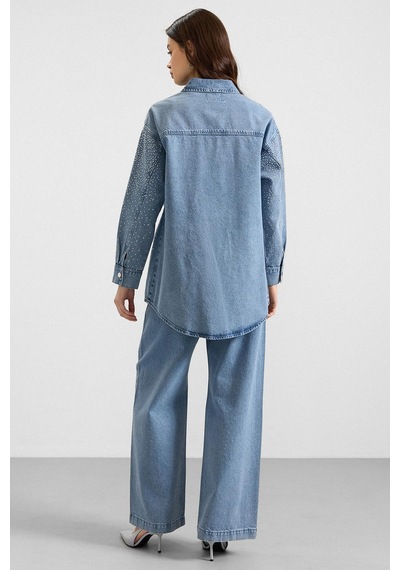 Olcay Taş Bezeli Ceket Pantolon Denim İkili Takım Açık Mavi 9387-tk