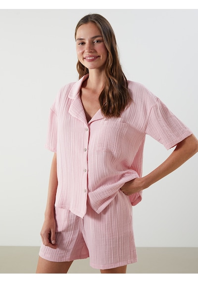 Lcw Dream Pembe Gömlek Yaka Müslin Kadın Şortlu Pijama Takımı