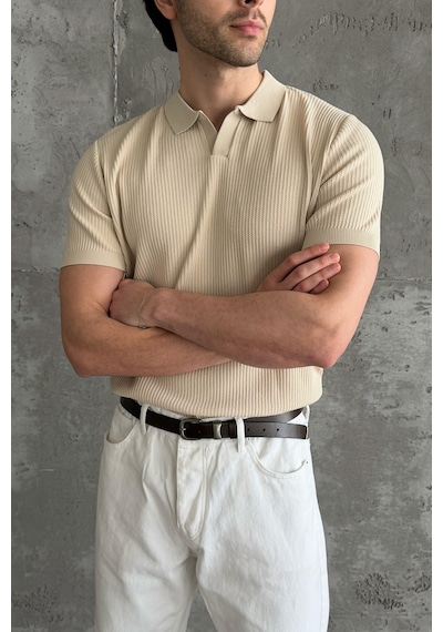 Erkek Petek Desen Polo Yaka Triko T-shirt Bej