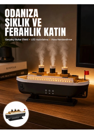 Mey İthalat Ultra Sessiz Titanik Gemi Led Işıklı Aroma Difüzörü Oda Nemlendirici Yeni Nesil