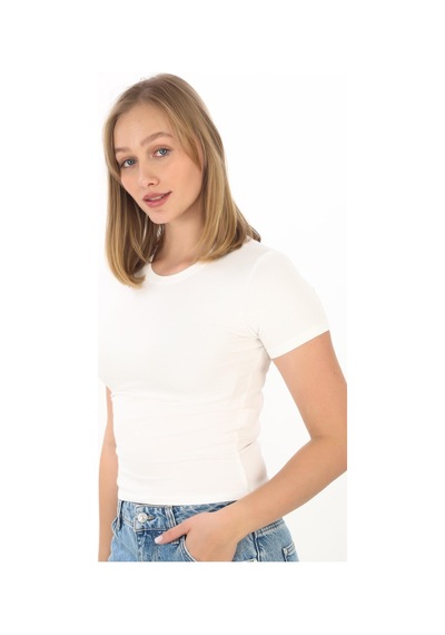 Crop Slim Fit Pamuk Likra Tişört-ekru Ekru