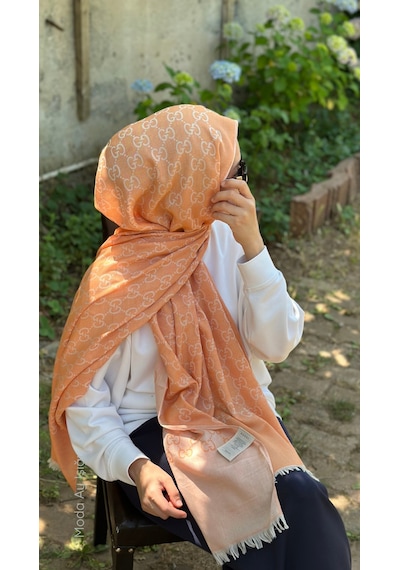 Miorel Scarfs İnce Kumaş G Desen Pamuklu Şal Yün İpek Şal 4 Mevsim Çift Taraflı Turuncu