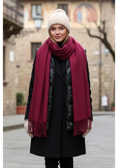 Remsa Püsküllü Buklet Atkı Şal 40x210 Cm 1257 Bordo Bordo