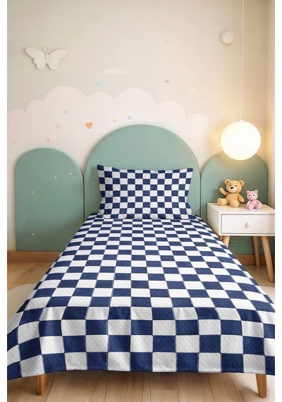 Mavi Damalı Genç Odası Tek Kişilik Pike Takımı-kareli Modern Ekose 160x220 Cm Kapitone Yatak Örtüsü Nazlı Kül Kabuğu
