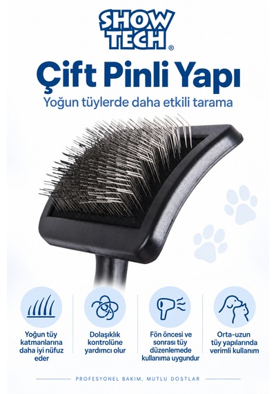 Showtech Universal Sert Ve Çift Pinli Kedi Köpek Kıtık Açıcı Fırça Orta Boy