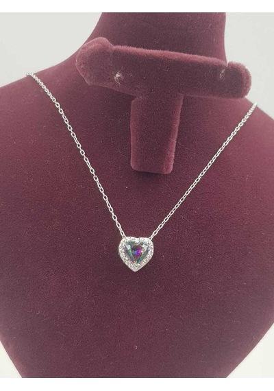 Vog Swarovski Taşlı S Model Mistik Topaz Kalp Taş Detay Gümüş Sevgiliye,arkadaşa Kolye