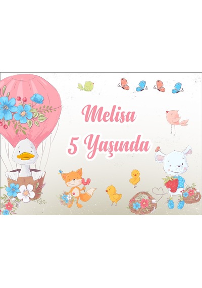 Sevimli Hayvanlar Ve Balon Temalı Doğum Günü Afişi - 70x100 Cm
