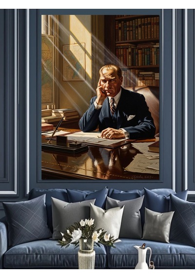 Kütüphanesinde Çalışan Atatürk Portresi Dekoratif Kanvas - Mdf Ahşap Tablo