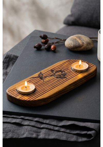 Ahşap El Yapımı İki Bölmeli S Kıvrımlı Tasarım Mumluk, Doğal Ahşap Lazer Gül Detaylı Tealight Mumluğu Kahverengi Kahverengi