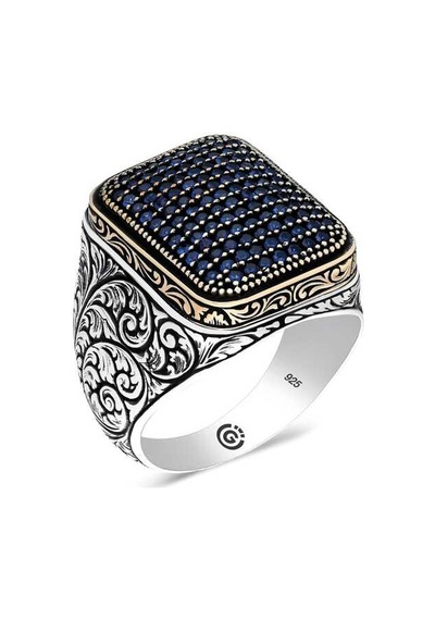 Premium 925 Ayar İthal Gümüş Lacivert Zirkon Taşlı Kare Erkek Yüzük - 26 Ölçü