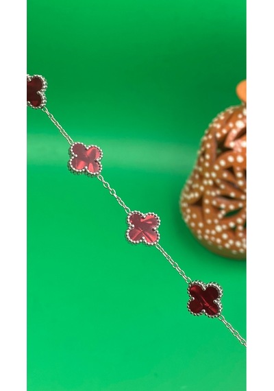 Gümüş Renk Taşlı Yonca Model Çelik 316l Bileklik Gümüş - Bordo